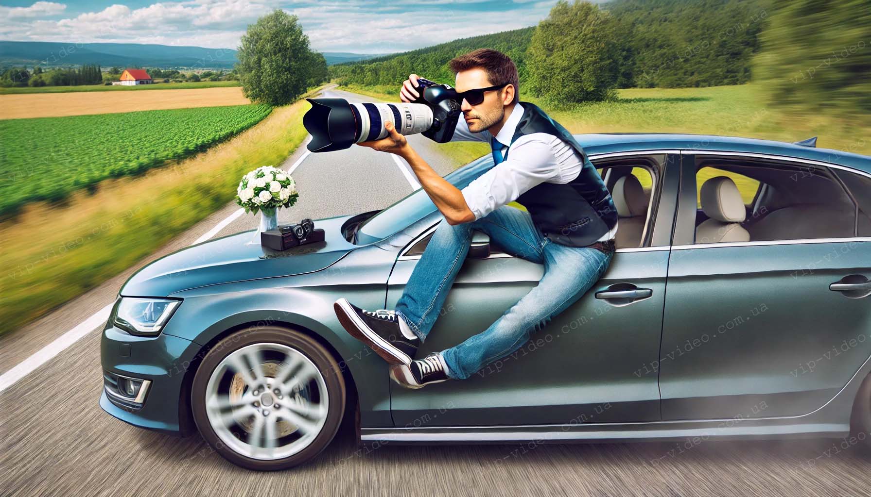Весільний фотограф за кермом авто